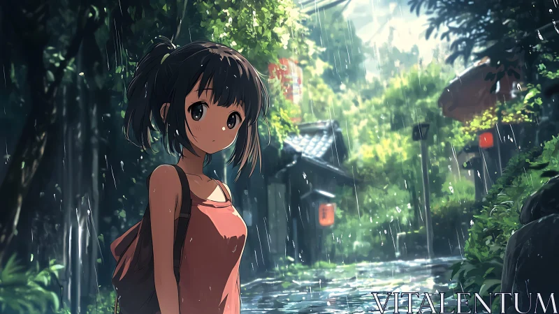 Girl in red dress walking through lush rainy alleyway.