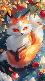 Enchanting fox spirit curls beneath autumn apple branches