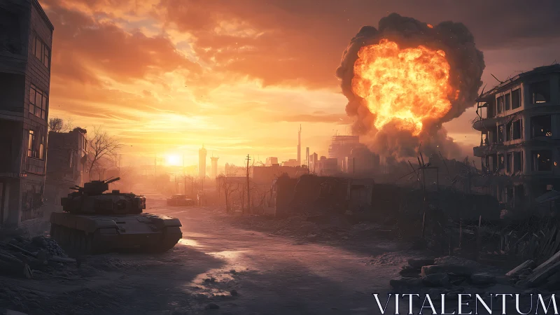 War-torn city street glows under fiery explosion at dusk.