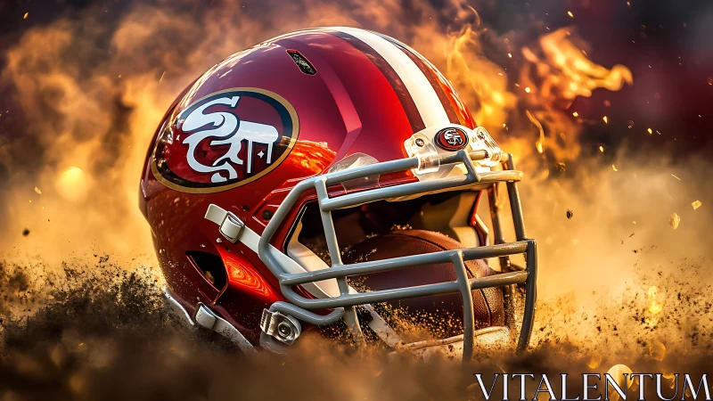 High-gloss red football helmet with dynamic fire and debris field