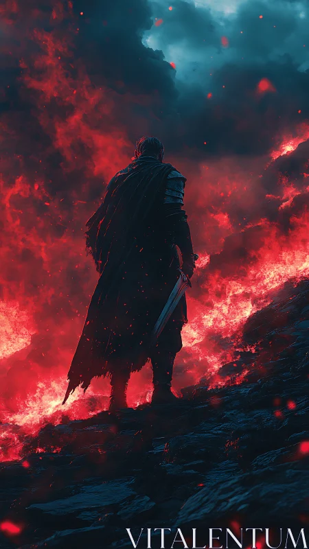 Lone ember knight stalking the edge of a molten storm.