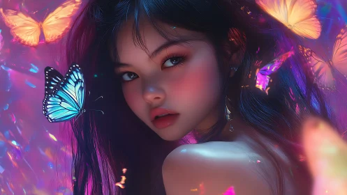 Butterfly-lit midnight muse turns neon dusk into wonder