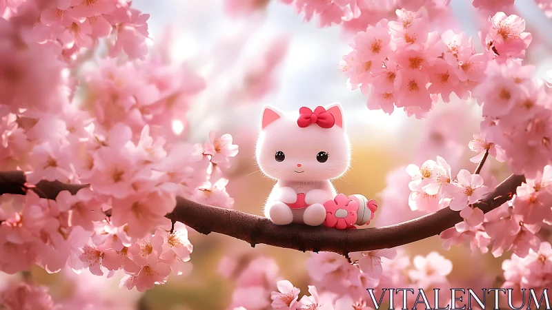 Stylized Feline Character Perched on Branch Amid Cherry Blossom Flora.