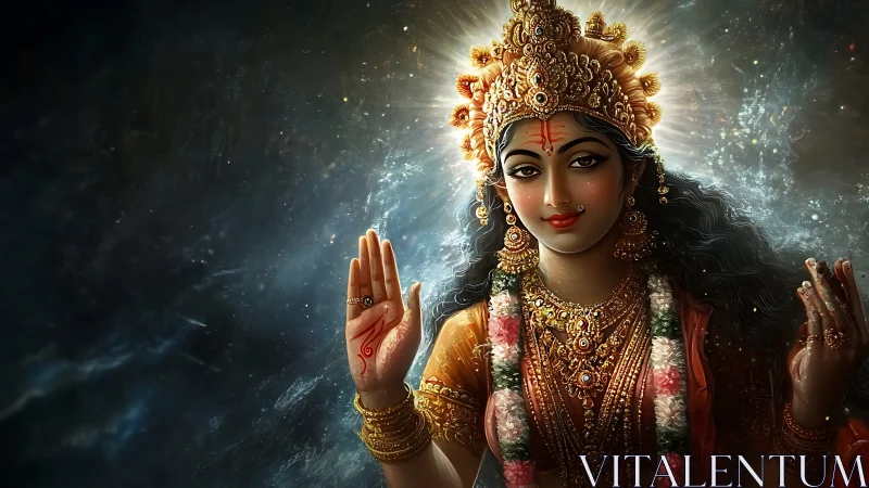 Divine goddess portrait in ornate golden jewelry and light.