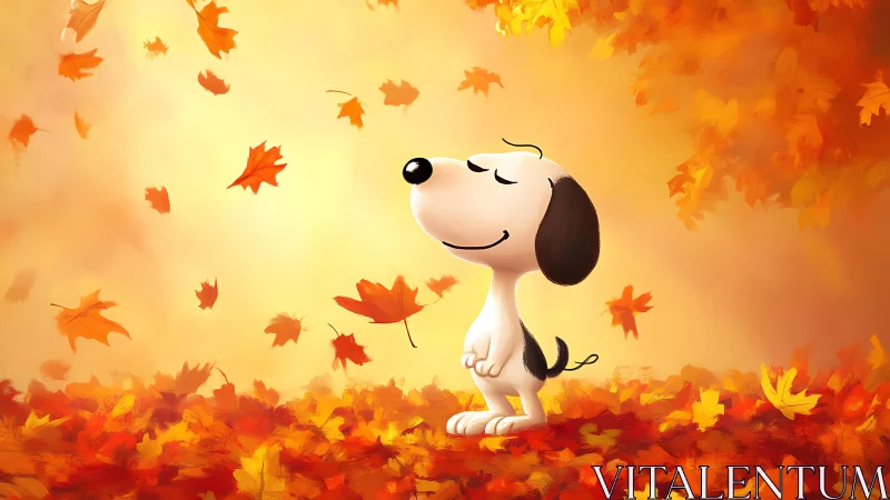 Cartoon dog enjoys warm golden autumn leaf shower outdoors