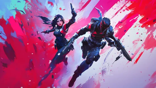 Cyber agents sprint through neon battlefield abstraction.