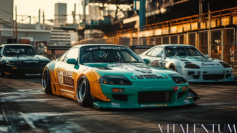 Sunlit drift legends lined up in a cityside pit lane.