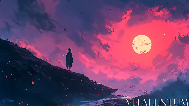 Backlit silhouette observes oversaturated magenta sunset sky