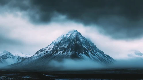 Stormy snow-covered peak rising from low mountain fog.