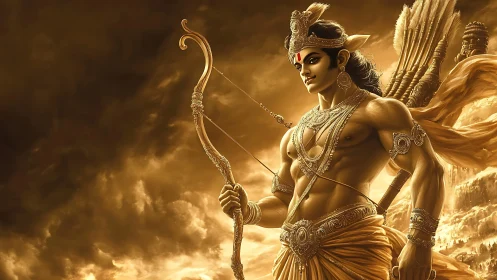 Divine archer stands poised in radiant golden battlefield.