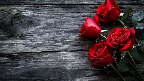 Red Roses on Weathered Dark Wood Surface.