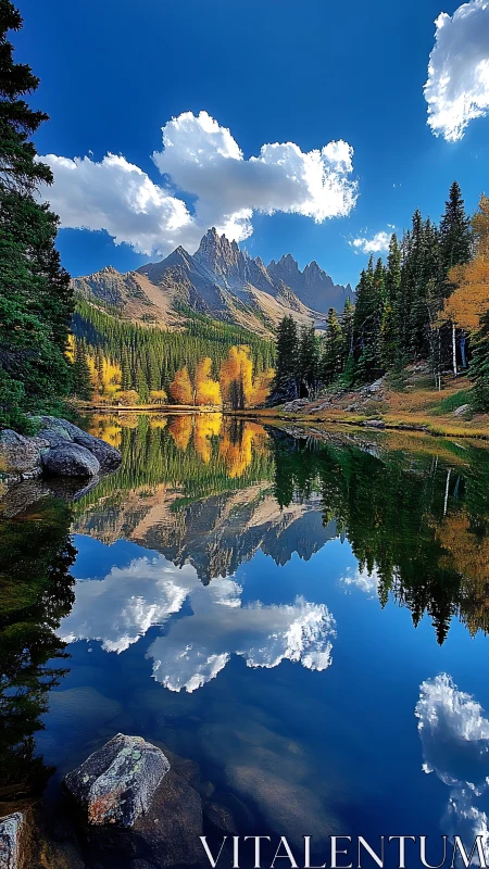High dynamic range alpine lake reflection with autumn conifers