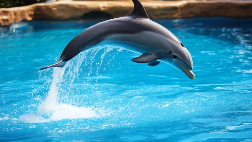 Dolphin captured mid-leap above bright blue pool water.
