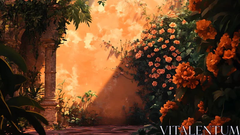 Sunlit courtyard wall with dense orange flowering vines.