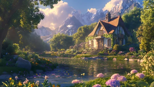 Sunlit riverside cottage rendered with detailed floral landscaping