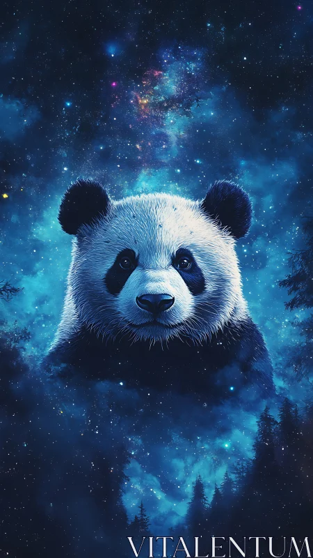 Panda portrait integrated into deep blue cosmic forest scene.