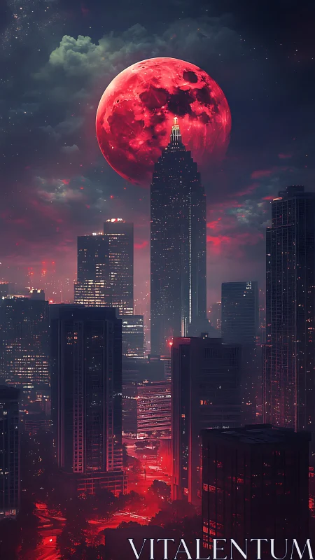 Urban skyline under oversized red moon and dense clouds.
