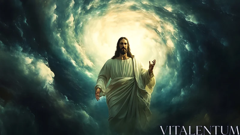 Radiant robed savior emerging through swirling heavenlight.