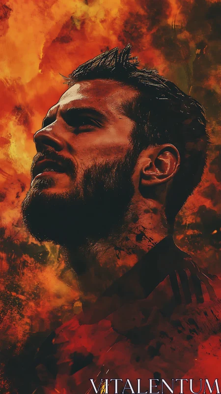 Portrait of a determined man rising against fiery chaos