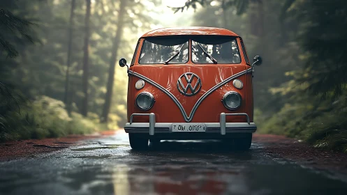 Front view shows a vintage van centered on a wet forest road