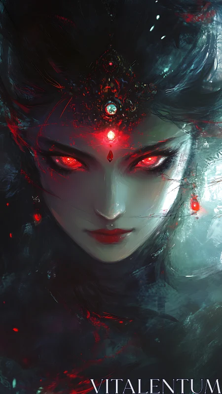 Demonic sorceress portrait with glowing red ocular focus