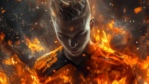 Flames crown the focused gamer forged in molten orange light