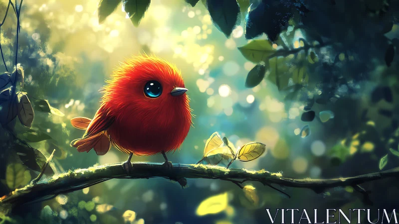 Adorable Red Bird on Branch in Whimsical Fantasy Forest Scene.