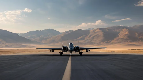 Jet aircraft on desert runway framed by sunlit mountains.