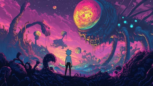 Neon alien landscape with colossal cosmic organism encounter.