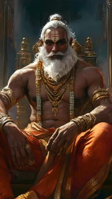 Bearded warrior sage king sits on ornate golden throne