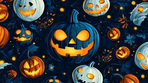 Glowing jack o&rsquo;lantern parade in deep midnight blues.