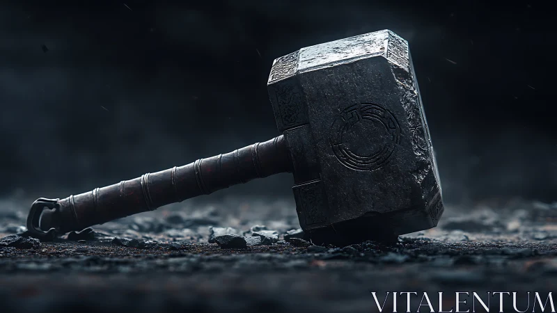 Storm-scarred hammer resting in quiet, mythic stillness.