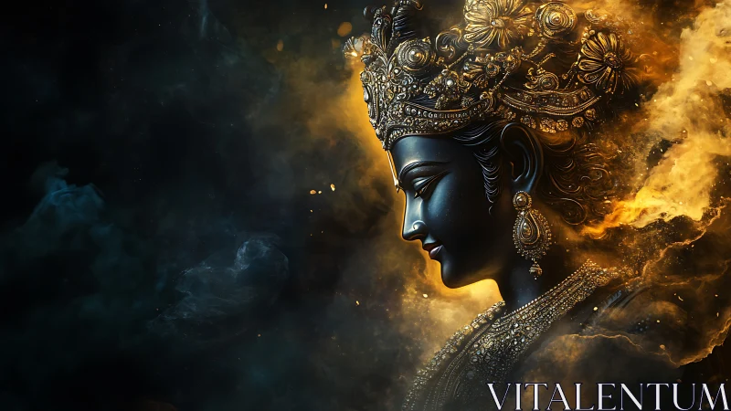 Radiant divine figure glows softly against swirling cosmic mist