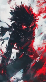 Masked cyber ninja in red energy storm, dynamic angle.