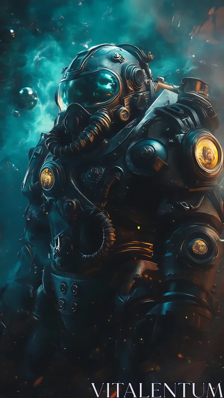 Armored space marine in glowing teal nebula field.