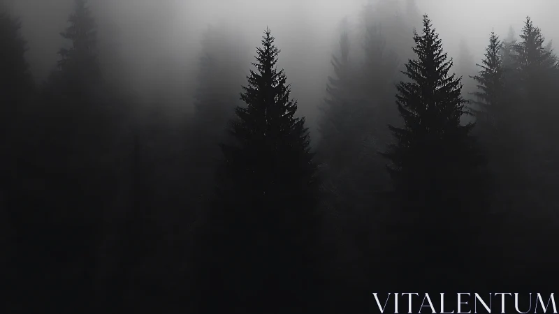 Nocturnal conifer canopy emerging through volumetric fog.