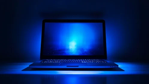 Midnight laptop portal glows in deep electric blue hush.