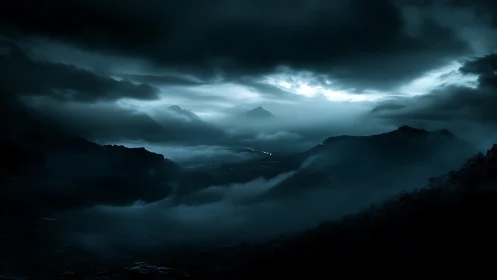 Digital painting of mist-laden mountains under storm glow.