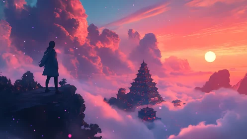 Figure observes multi-tiered temple complex above cloud layer