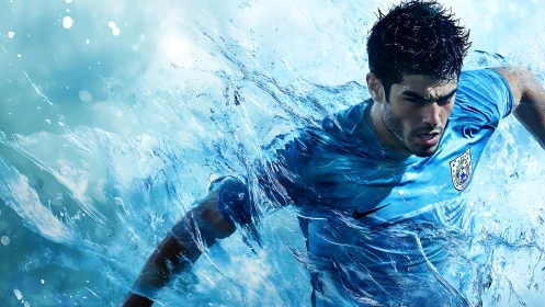 Dynamic footballer bursting through abstract water splash.