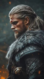 Battle-scarred warrior in fur and leather rendered as digital painting