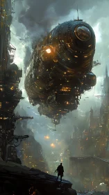 Cyberpunk leviathan airship above dystopian megastructure skyline.