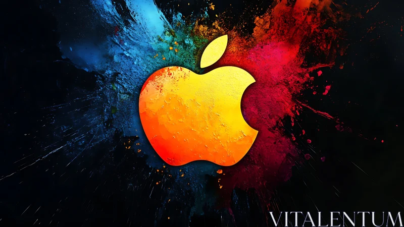 Multicolor apple-shaped emblem on dark splatter background.