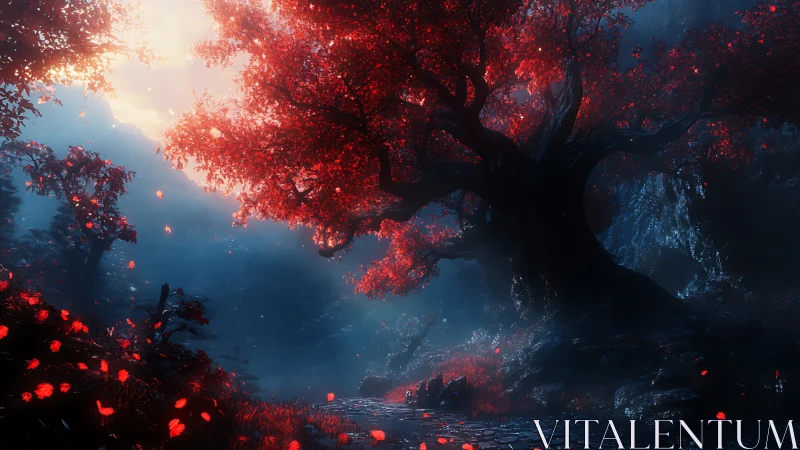 Red-leaved tree in misty forest with stone path at dusk.