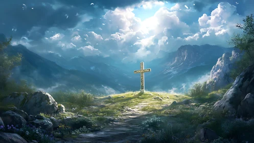 Golden mountain cross glows softly beneath dramatic storm clouds