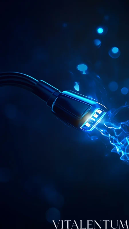 Luminous USB connector with electric blue energy stream.