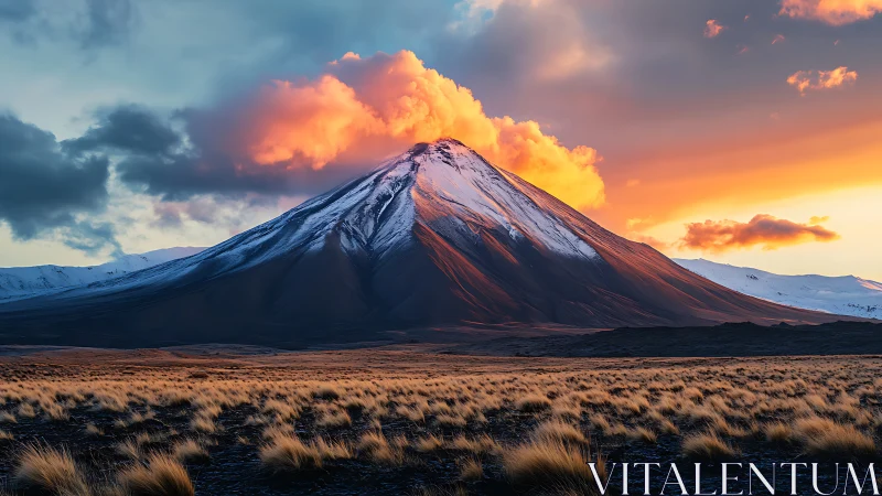 Volcanic stratocone at sunset with cloud-ignited alpenglow plume.