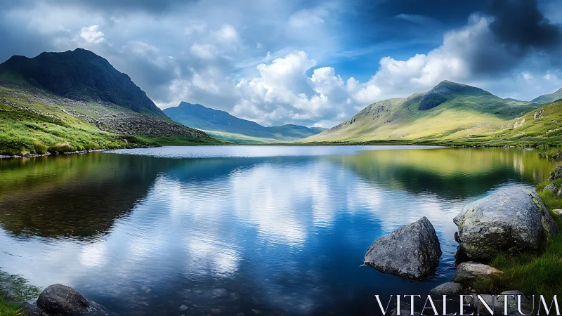 Quiet mountain lake cradled by sunlit hills and soft clouds.