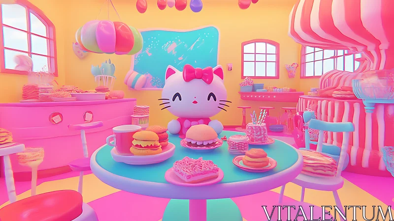 Kawaii cat mascot hosts neon dessert cafe feast.