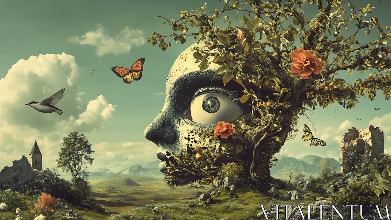 Arboreal visage landscape with biomorphic surreal eye integration.